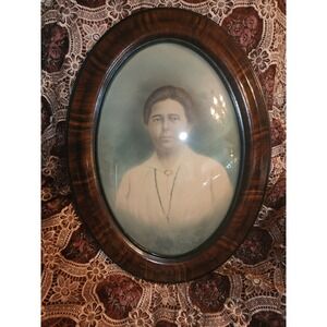 Antique faux Tiger Gesso Wood Picture Frame Convex Bubble Glass Oval